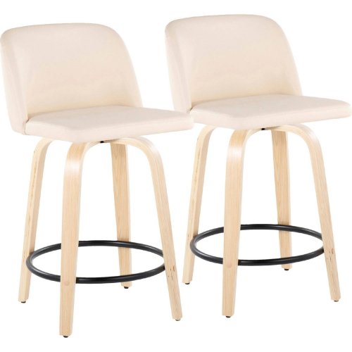 Toriano 24" Swivel Counter Stool in Natural Wood & Cream Leatherette w/ Black Footrest (Set of 2)